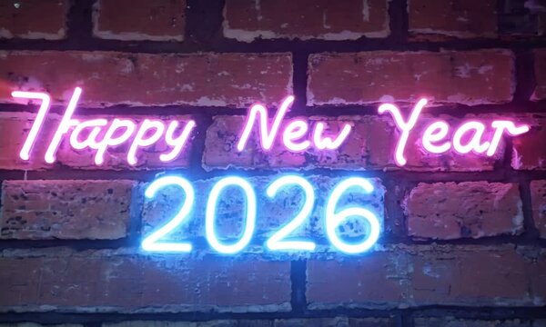 Colorful Neon Happy New Year 2026 Lights on Dark