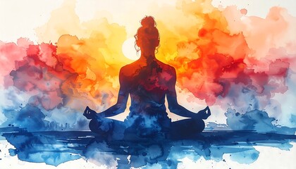 Silhouette of a person meditating in lotus position, with a watercolor sunset and sky backdrop. Colors blend in a dynamic abstract