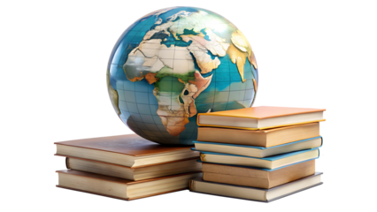 Globe on stack of books isolated on transparent background symbol of education, knowledge, and learning concept of global education and international studies