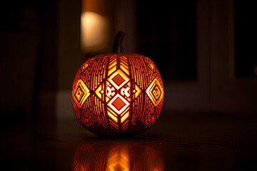 Carved Pumpkin with Geometric Pattern – Halloween Jack O’Lantern Decoration
