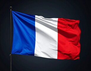 French flag billowing in the wind against a dark background