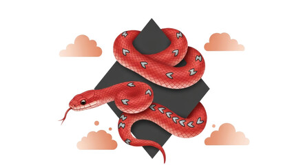 Isolated serpent illustration on gray geometric form, with pink clouds as artistic element