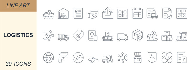 Minimal logistics vector icons with truck, cargo, warehouse, pallet, container, route, tracking, customs, invoice, payment, and delivery. Perfect for apps, web, business, and UI.