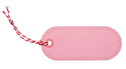Isolated pink gift tag with red and white baker's twine, blank label for price or message