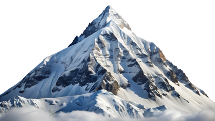 Majestic snowcapped mountain peak isolated on transparent background, standing tall against the sky, a symbol of natures grandeur and challenging heights