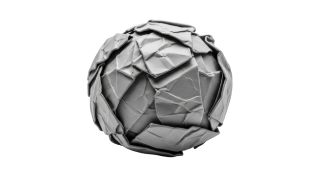 Isolated textured spherical paper decoration, unique gray crumpled handmade paper artwork