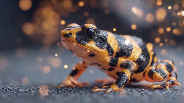 Close up of an orange and black frog against a dark background