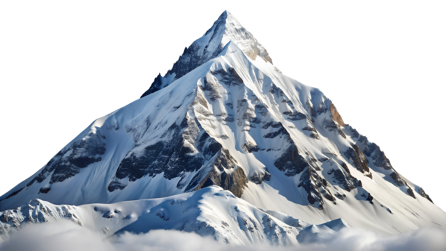 Majestic snowcapped mountain peak isolated on transparent background, standing tall against the sky, a symbol of natures grandeur and challenging heights