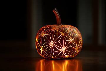 Carved Pumpkin with Geometric Pattern – Halloween Jack O’Lantern Decoration