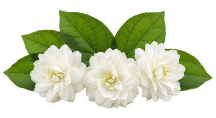 Isolated Jasmine blossoms and green leaves arranged in floral display for botanical designs