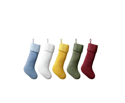 A collection of five knitted christmas stockings in various colors including blue, white, yellow, green, and red, hanging in a row and isolated on a transparent background