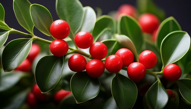 close up of ruscus aculeatus sprouts with red berries detailed botanical image red berries ruscus