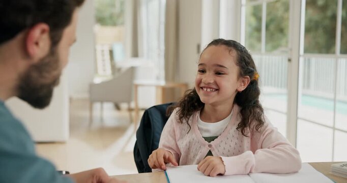 Learning, education and father with girl for sign language in home for homeschool. Child, development and growth with hearing disability, bonding and happy man or dad teaching with asl hand gestures