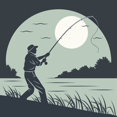 Fisherman silhouette casting fishing rod with moon background in vector format