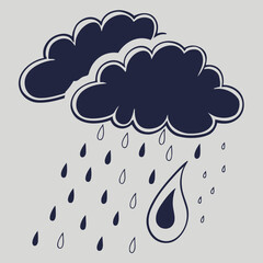 Hand drawn illustration of dark clouds with rain drops on a light background