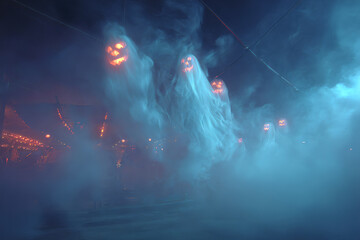 Spooky Halloween Ghosts Floating in Fog with Glowing Faces and Eerie Lights for Haunted House, Horror Party, or Scary Night Background