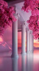 Classical white columns stand tall against a pink sky, with cherry blossom trees framing the architecture and a reflective surface below.