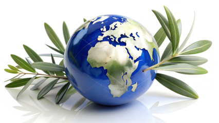 A globe with an olive branch isolated on transparent background, representing peace, environment, and global harmony, symbolizing international relations