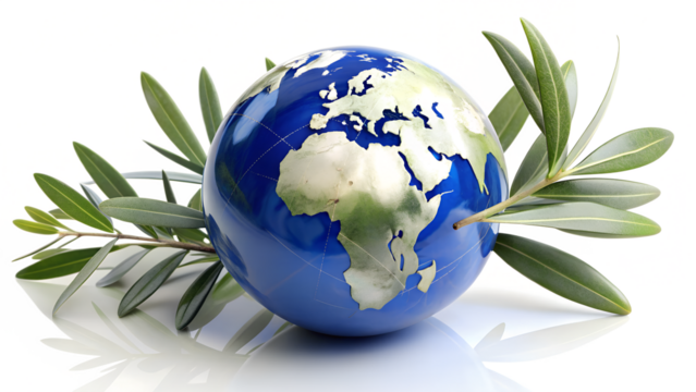 A globe with an olive branch isolated on transparent background, representing peace, environment, and global harmony, symbolizing international relations