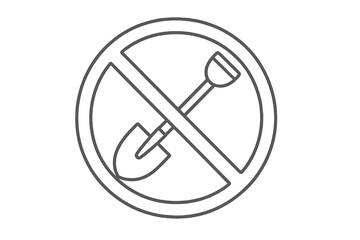 No digging vector line icon. Shovel prohibited sign. Digging forbidden symbol. Stop ground work, excavation, and gardening warning. Do not dig area pictogram illustration.