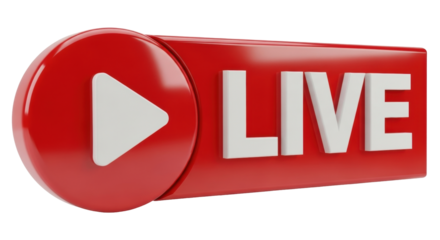 Isolated shiny red streaming emblem with play symbol and LIVE text in front view studio shot