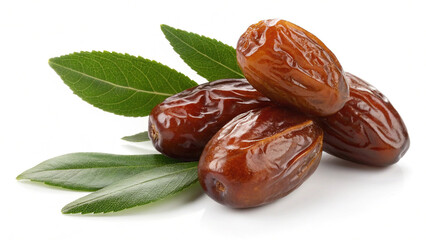 Fresh dates with green leaves isolated on white background, a healthy snack