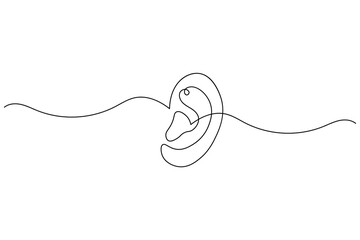 Obraz premium Minimalist continuous one line drawing of a human ear with sound waves, symbol of hearing, listening, and communication