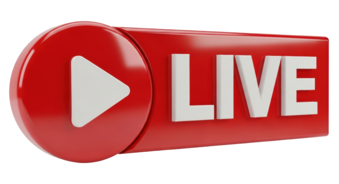 Isolated shiny red streaming emblem with play symbol and LIVE text in front view studio shot