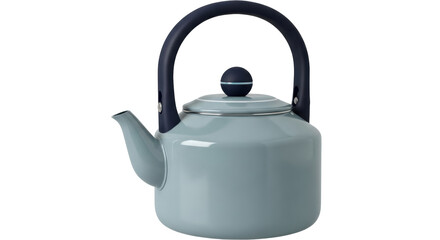 Isolated light blue enameled tea kettle with dark blue handle and lid knob on neutral backdrop