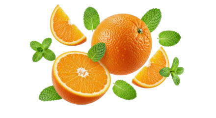 Isolated orange segments and mint leaves composition against a simple backdrop, fresh citrus