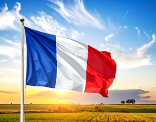French flag waving in a field at sunset