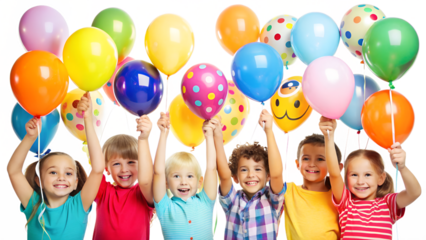 Group of happy smiling kids holding colorful balloons in their hands isolated on transparent background celebrating a birthday or other event