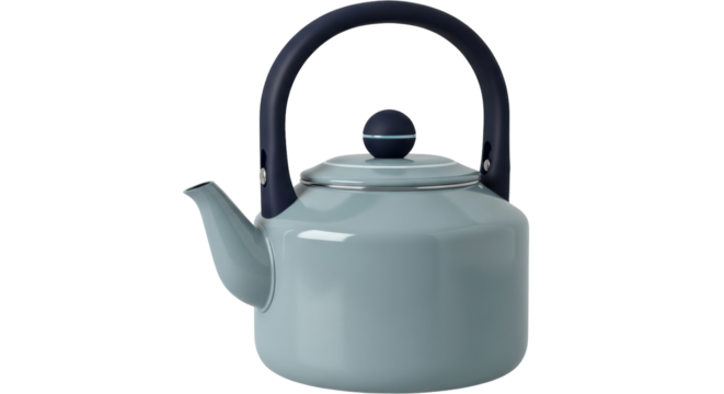 Isolated light blue enameled tea kettle with dark blue handle and lid knob on neutral backdrop