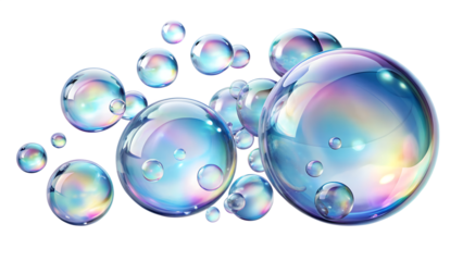 Floating soap bubbles isolated on transparent background, a whimsical display of iridescent spheres, creating a sense of lightness and ethereal beauty