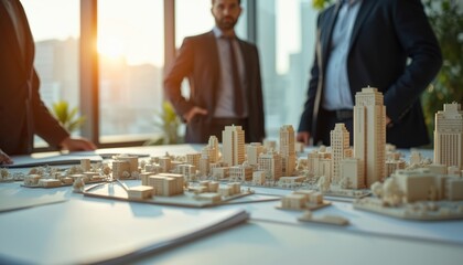 Architects and city officials plan urban development. They review building models in office. Business meeting about city growth. Collaboration on city planning.