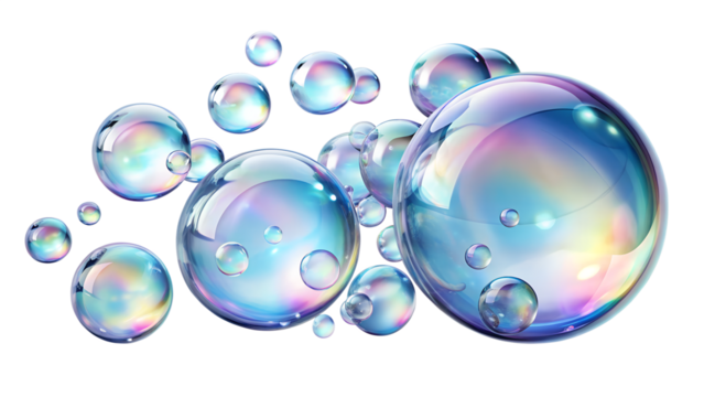 Floating soap bubbles isolated on transparent background, a whimsical display of iridescent spheres, creating a sense of lightness and ethereal beauty