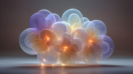 Ghost balloon bouquet, studio shot, volumetric light beams, analogous pastel tones, centered golden ratio layout