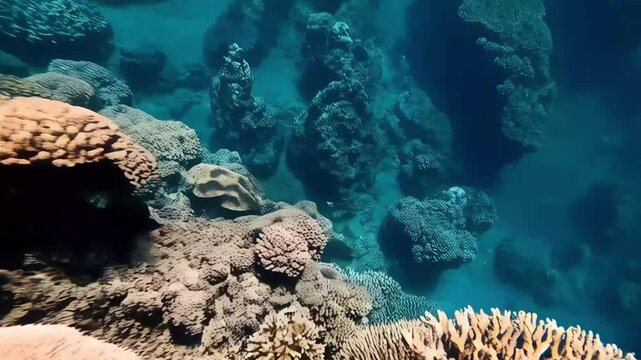 Deep Underwater View of Mysterious Sea Caves and Rock Cliffs with Light Rays