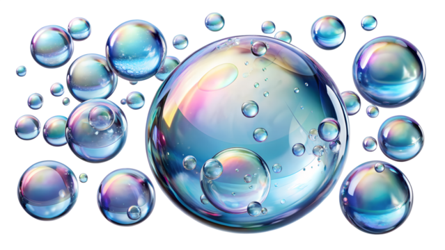 Floating soap bubbles isolated on transparent background, a captivating display of iridescent spheres, creating a sense of wonder and ethereal beauty