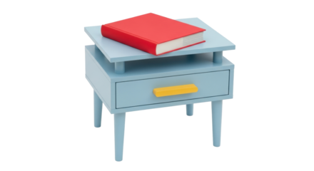 Isolated light blue nightstand with yellow drawer pull and red book on top, front view