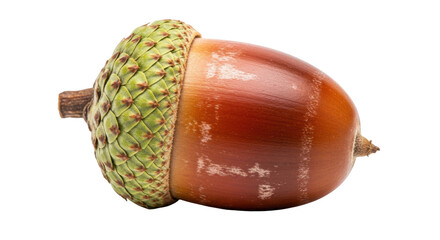 Isolated Brown Acorn with Green Cupule Close-Up, Autumn Season Edible Nut, Oak Tree Seed Nature Food © Leon