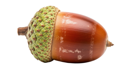 Isolated Brown Acorn with Green Cupule Close-Up, Autumn Season Edible Nut, Oak Tree Seed Nature Food
