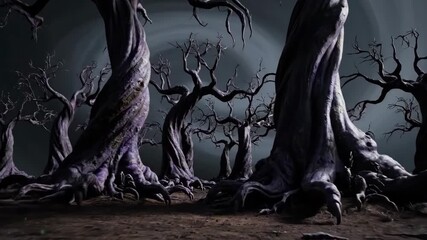 Eerie low-angle view moving through a haunted forest with gnarled, twisted trees under a dark sky, creating a surreal and nightmarish landscape