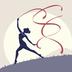 Silhouette of a rhythmic gymnast performing with a ribbon on a grassy hill