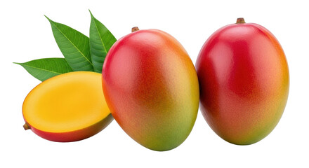 Isolated Three Mangoes and Slice with Leaves, Fresh Fruits from Orchard, Ingredient for Diet