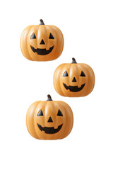 Three carved jackolanterns with smiling faces, isolated on a transparent background, representing halloween and autumn celebrations