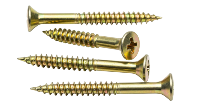 Isolated wood screws in a pile, fasteners for carpentry and woodworking projects