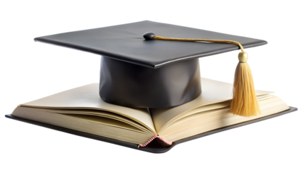 Graduation cap on top of an open book isolated on transparent background symbolizes academic achievement, learning, and the pursuit of knowledge