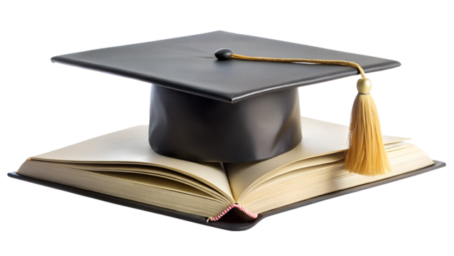 Graduation cap on top of an open book isolated on transparent background symbolizes academic achievement, learning, and the pursuit of knowledge