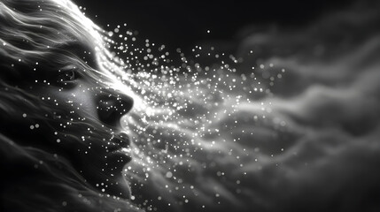 Ghost dissolving into particles drifting upward, cinematic HDR rim lighting, atmospheric long exposure motion blur, monochromatic grayscale palette, haunting abstraction